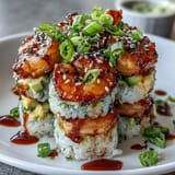 Deconstructed Spicy Shrimp Sushi Stack layered with seasoned rice and zesty shrimp.