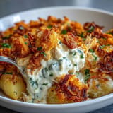 Hearty Crispy Ranch Chicken Potato Casserole, creamy and comforting family meal.