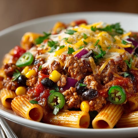 One-pan Turkey Taco Pasta Skillet—creamy, cheesy, and ready in 30 minutes for weeknight dinner.