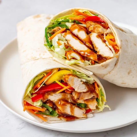 Tender teriyaki chicken slices nestled in a colorful wrap with fresh veggies, ready to eat.