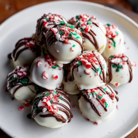 Rich, creamy Simplified Christmas Oreo Truffles, covered in white chocolate and festive sprinkles, ready to serve.