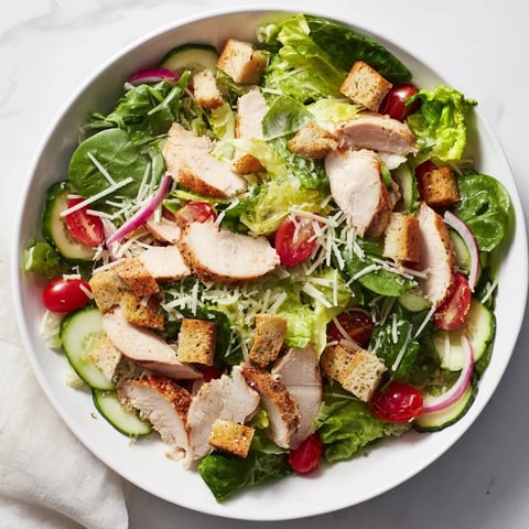 Quick Crunchy Lemon Parmesan Chicken Salad: a bright salad featuring tender chicken and tangy lemon dressing.