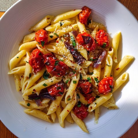 Baked Tomato & Olive Oil Pasta with glistening roasted tomatoes and fresh basil, a flavorful vegetarian meal.