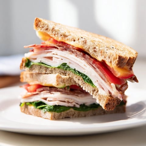 Golden-brown Turkey Bacon, Spinach & Tomato Protein Grilled Cheese, dripping with melted cheddar and ready to eat.