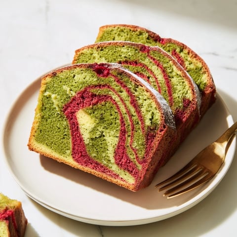 Swirled red and green matcha marble pound cake, moist and delicious, perfect for a festive occasion.