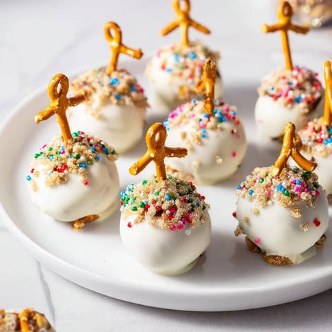 Festive holiday ornament candy balls with colorful sprinkles and a pretzel hook, ready to eat.