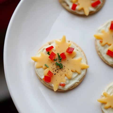 Delicate cheesy snowflake cracker bites arranged beautifully, ready to delight your holiday guests.
