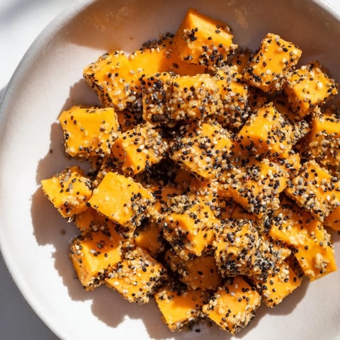 Golden everything bagel seasoning coats savory cheese cubes, ready to enjoy as a delicious Salty Bites appetizer.