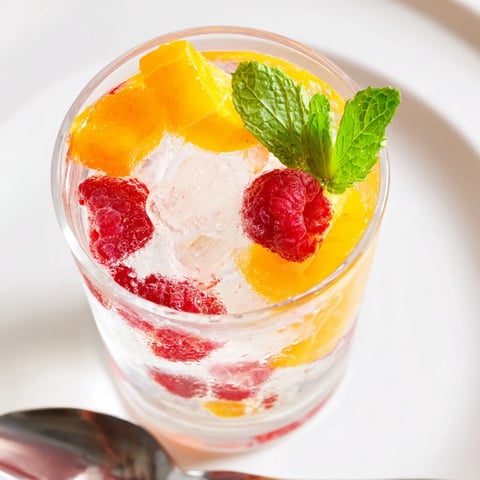 Vibrant red raspberries float in bubbly Sparkling Juice, a refreshing holiday drink with orange slices.