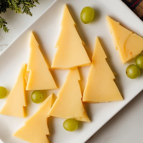 A beautifully constructed Tannenbaum Border cheese board with green grapes, perfect for a holiday appetizer.