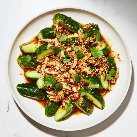 Fresh, smashed Whole Cucumber Logan Salad with shredded chicken, a vibrant and flavorful main course.