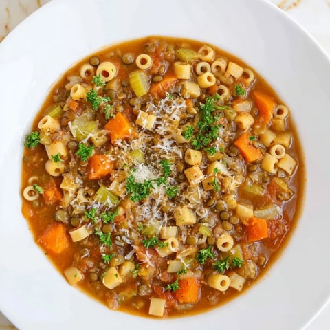 Steaming bowl of flavorful Ditalini and Lentil Soup, garnished with fresh parsley and Parmesan.