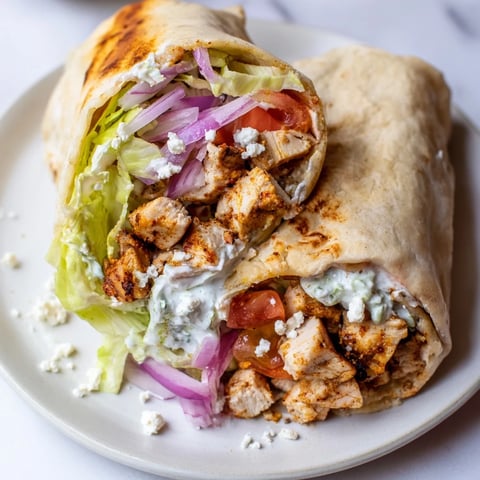 A close-up of juicy Greek chicken souvlaki wraps filled with colorful fresh vegetables, and creamy tzatziki.