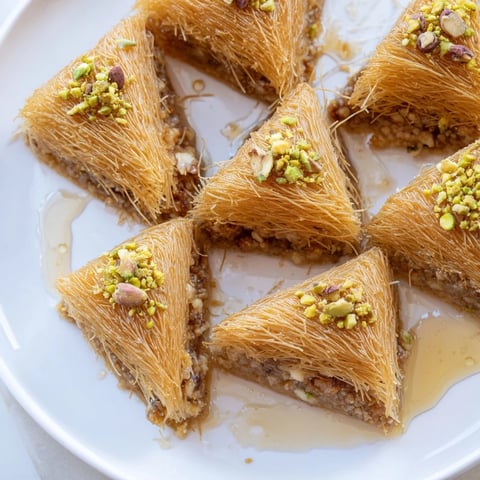 Golden-brown Egyptian Konafa, a sweet Middle Eastern dessert with flaky phyllo and crunchy nuts.