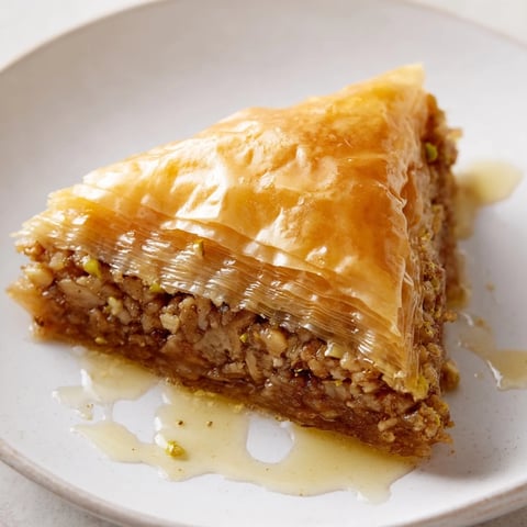 Golden, flaky Turkish Baklava drizzled with fragrant honey syrup, a traditional sweet pastry.