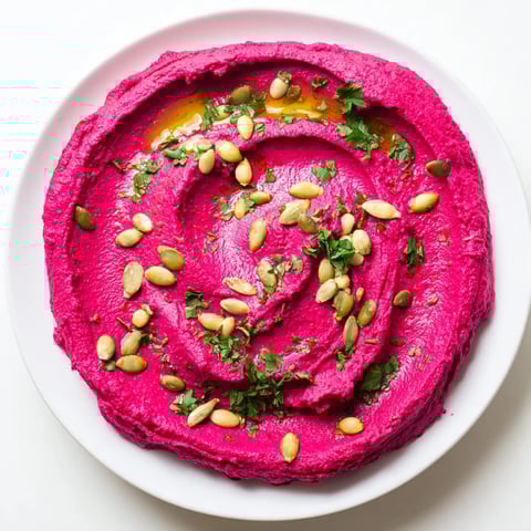 This vibrant pink beet hummus is garnished with olive oil, toasted pumpkin seeds, and fresh parsley in a rustic bowl.