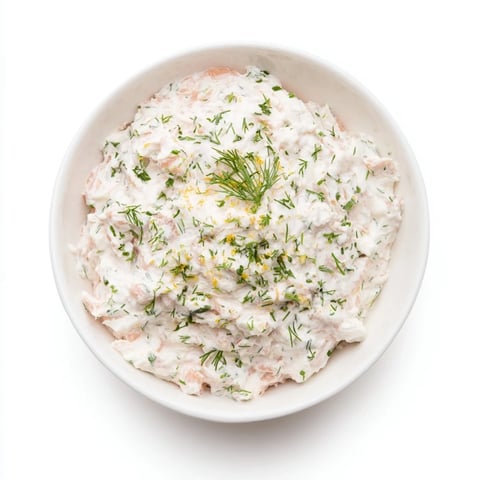 A bowl of creamy smoked salmon dip garnished with fresh dill, chives, and lemon wedges for a bright, tangy finish.  