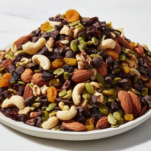 A homemade bowl of Trail Mix Custom with almonds, cashews, and dark chocolate chips next to dried apricots and cranberries.  