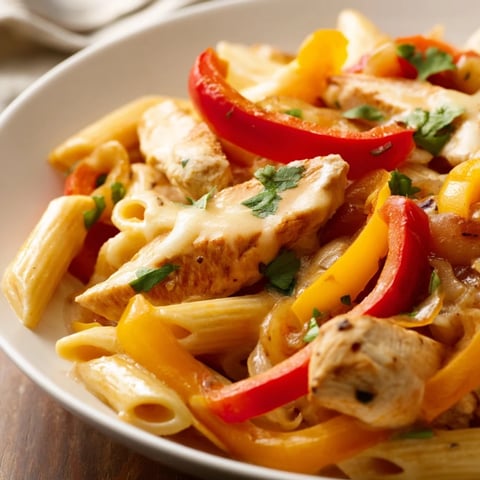 A close-up of Fajita Chicken Pasta Skillet with colorful bell peppers, onions, and melted cheese on penne.