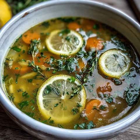 Bright yellow Lemon Herb Soup in a rustic bowl, garnished with fresh dill, parsley, and a bright lemon slice.