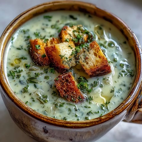 Creamy Garlic and Herb Soup garnished with fresh parsley and chives, served steaming in a rustic bowl.