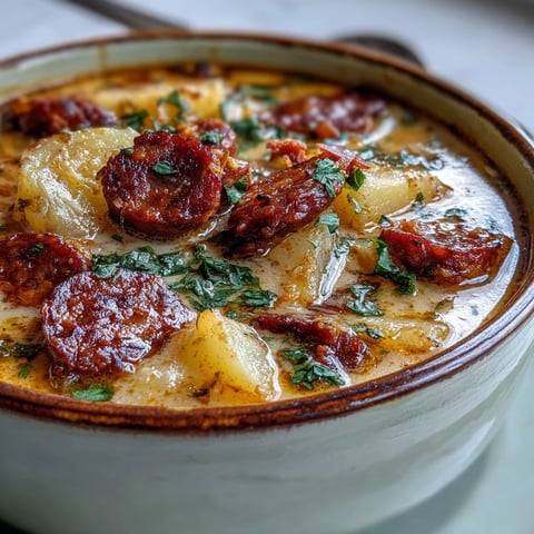 Creamy Potato, Leek and Chorizo Soup steaming in a rustic bowl, topped with crispy chorizo and fresh parsley.