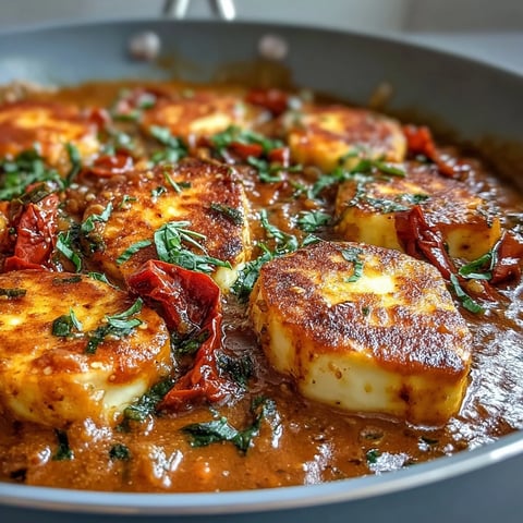 Creamy Halloumi and Tomato Curry served over fluffy basmati rice with cilantro garnish.