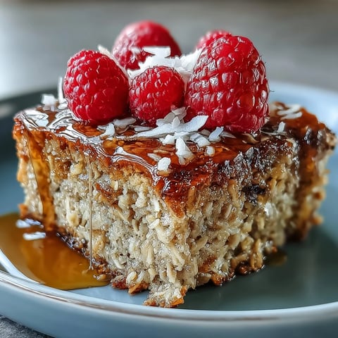 A slice of warm Baked Oatmeal with Raspberry and Coconut is lifted from the pan, revealing a soft, golden texture and a double berry layer of fresh and baked raspberries. The topping features light golden, toasted coconut flakes and optional chopped walnuts, adding crunch and nutty aroma to the wholesome breakfast. Perfect for a cozy, plant-based morning meal served on a rustic kitchen table.
