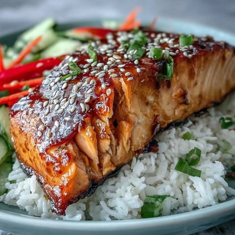 Flaky soy-ginger glazed salmon nestled over fluffy jasmine rice with crisp julienned vegetables, a perfect healthy bowl.