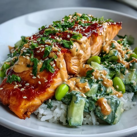 Flaky baked salmon rests atop fluffy jasmine rice, garnished with sesame seeds and fresh cilantro.