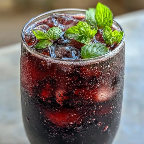 Tall glasses of vibrant Black Currant Mocktail filled with ice, topped with fresh mint sprigs and thin lime slices.