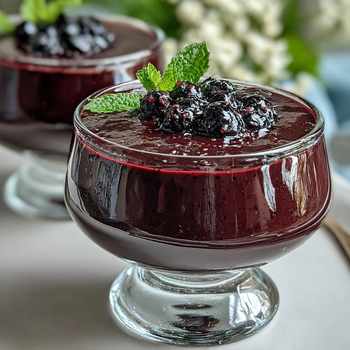Chilled Black Currant Panna Cotta with glossy berry glaze and fresh berries for garnish on a rustic table.
