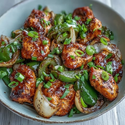 Plated Black Pepper Chicken with bell peppers and green onions, served over fluffy white rice.