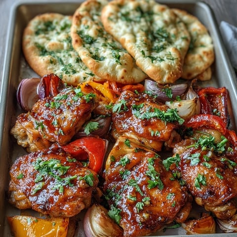 Sheet Pan Honey Garlic Chicken & Naan roasted with bell peppers and onions, brushed with sweet garlic glaze and served warm.