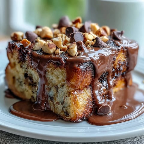 Freshly baked High-Protein Peanut Butter & Chocolate Baked French Toast, showcasing a puffed, golden-brown casserole studded with melty dark chocolate chips and chopped peanuts.