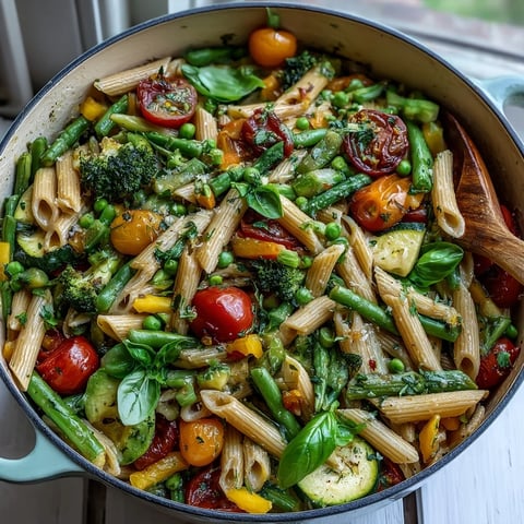 Bright and colorful Vegan One-Pot Pasta Primavera with Lemon and Basil, featuring al dente pasta, fresh cherry tomatoes, broccoli, and vibrant red bell peppers all coated in a light lemony sauce, served in a rustic white bowl.