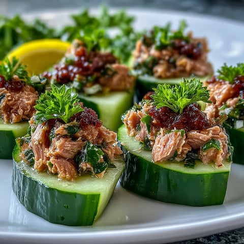 Freshly made 10-Minute Tuna Avocado Cucumber Boats filled with zesty tuna and creamy avocado.