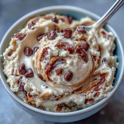A creamy bowl of Greek yogurt cookie dough, swirled with mini chocolate chips and a hint of vanilla, ready to enjoy by the spoonful.
