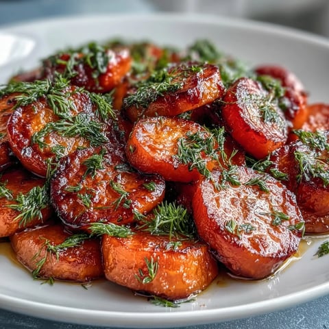 Glazed carrots with honey and orange sauce, garnished with fresh dill for a bright, flavorful side dish.