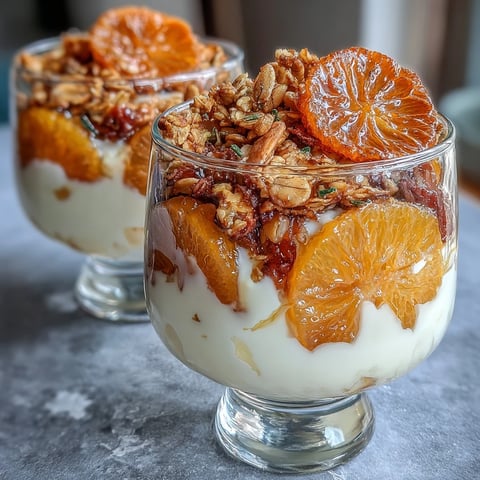 Candied orange yogurt parfait with granola crunch in a clear glass, showcasing creamy yogurt, sweet citrus, and crunchy granola layers.