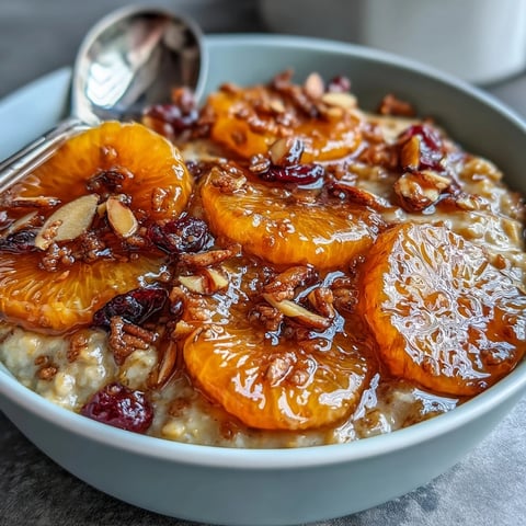 Warm bowl of candied orange oatmeal with cranberries and almonds, topped with syrupy citrus slices and crunchy nuts.