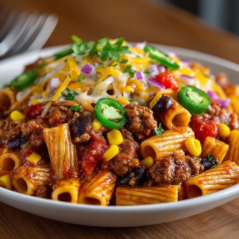 Golden, bubbling Turkey Taco Pasta Skillet, garnished with fresh cilantro and a dollop of sour cream.