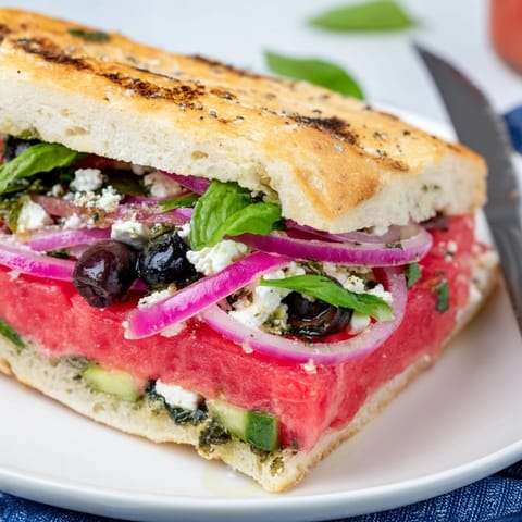 Refreshing watermelon sandwich with creamy feta and olives, perfect for a light lunch.  