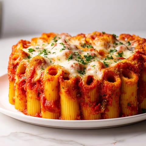 Delicious Honeycomb Pasta Cake with melty mozzarella, savory tomato sauce, and vibrant herbs.  