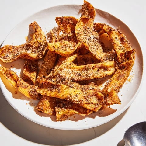 Baked pasta chips seasoned with spices, ideal for dipping into marinara or hummus.  