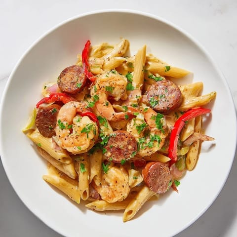 This vibrant photo showcases the prepared Cajun Sausage & Shrimp Alfredo Pasta Skillet, ready for serving.