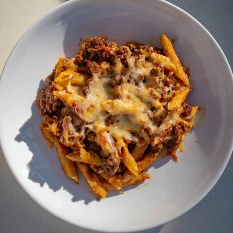 A close-up view of steaming Cheesy Beef & Penne Bake, rich with tomato sauce and herbs.