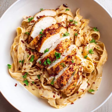Creamy Fettuccine Alfredo with spicy Cajun chicken beautifully arranged and ready to be enjoyed.