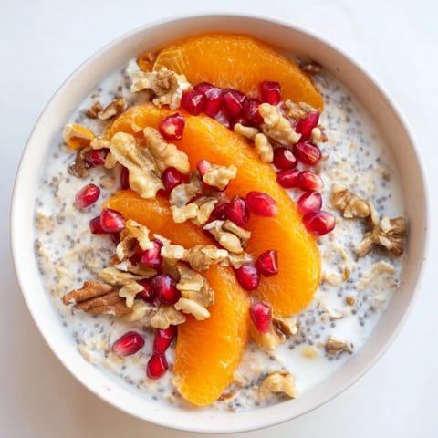 Textured close-up of Overnight Oats with Persimmon, garnished with vibrant pomegranate and chia seeds.