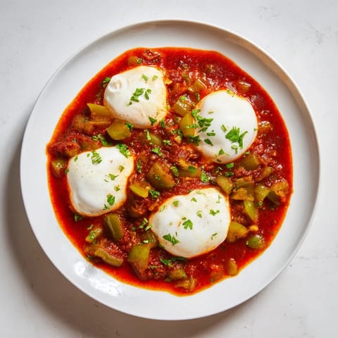 A close-up of Shakshuka, showing runny yolks and a fragrant, spicy tomato and pepper base.